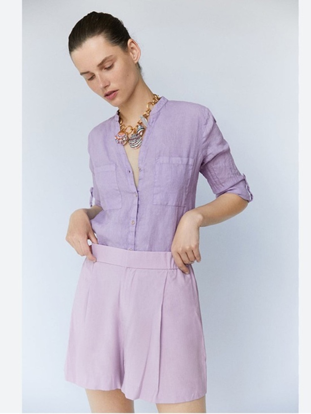 Zara Linen Blend Light Purple Button Down Top Size Small